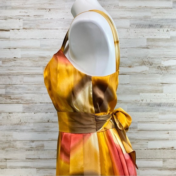 Suzi Chin by Maggy Boutique Silk Dress Womens Size 12 Gold Red Print Tie Waist - Picture 7 of 13